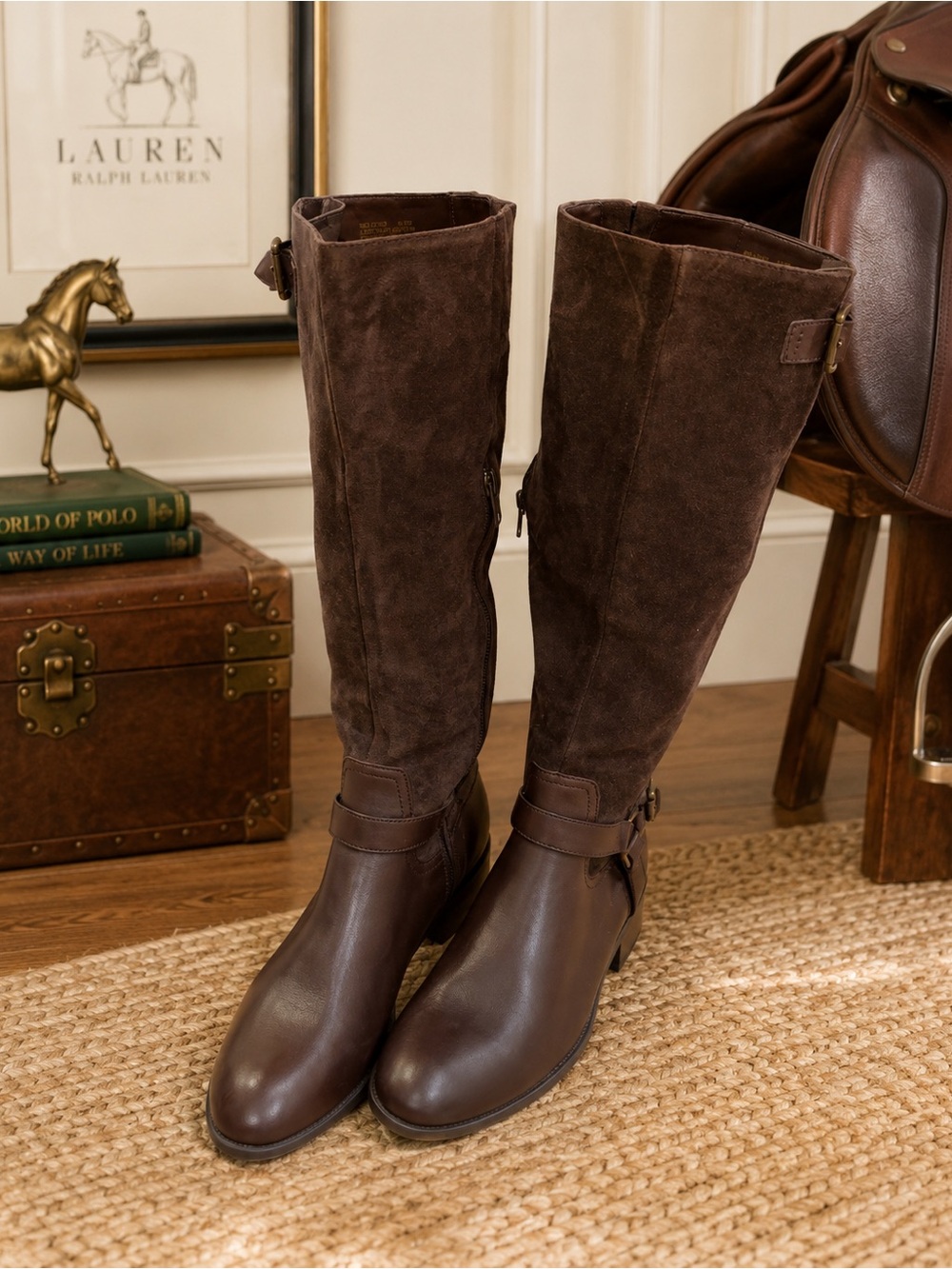 Lauren Ralph Lauren Mcleod Riding Boots Brown Leather Suede 9.5B NIB